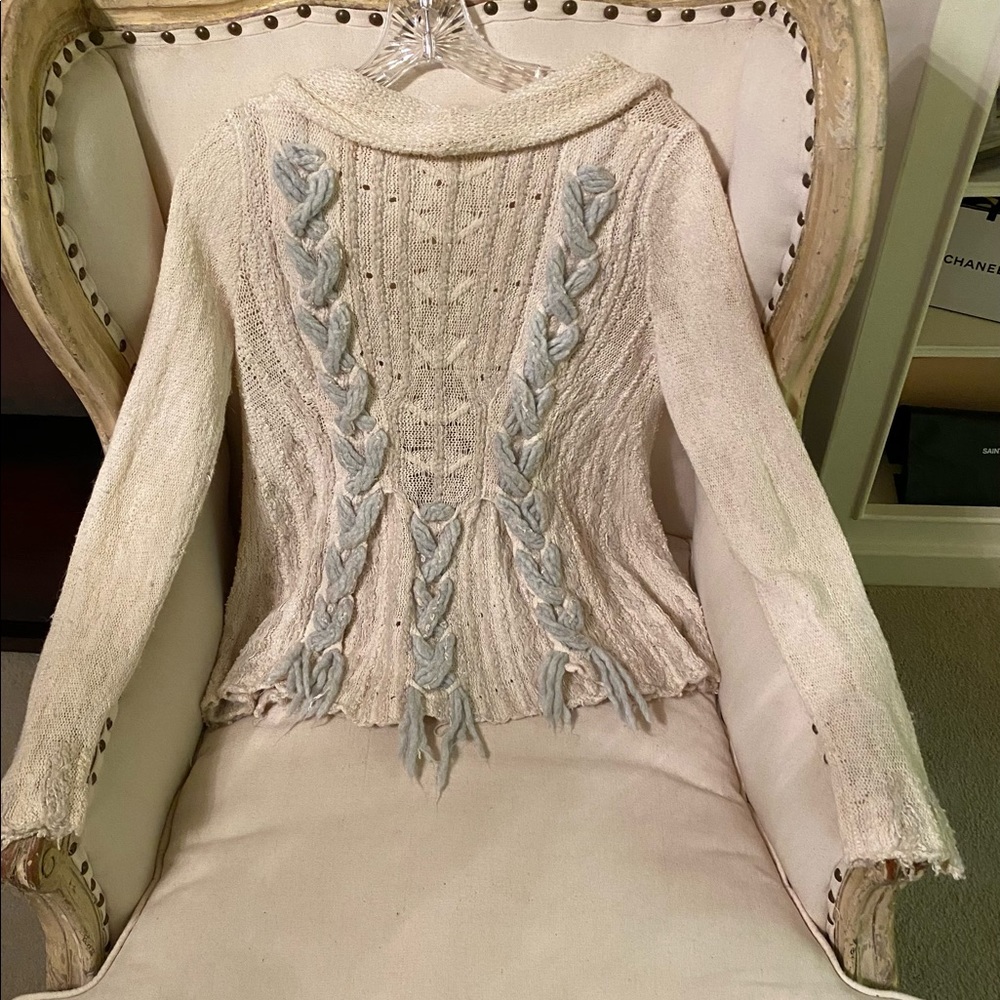 Anthropologie cream and blue braided cardigan sweater